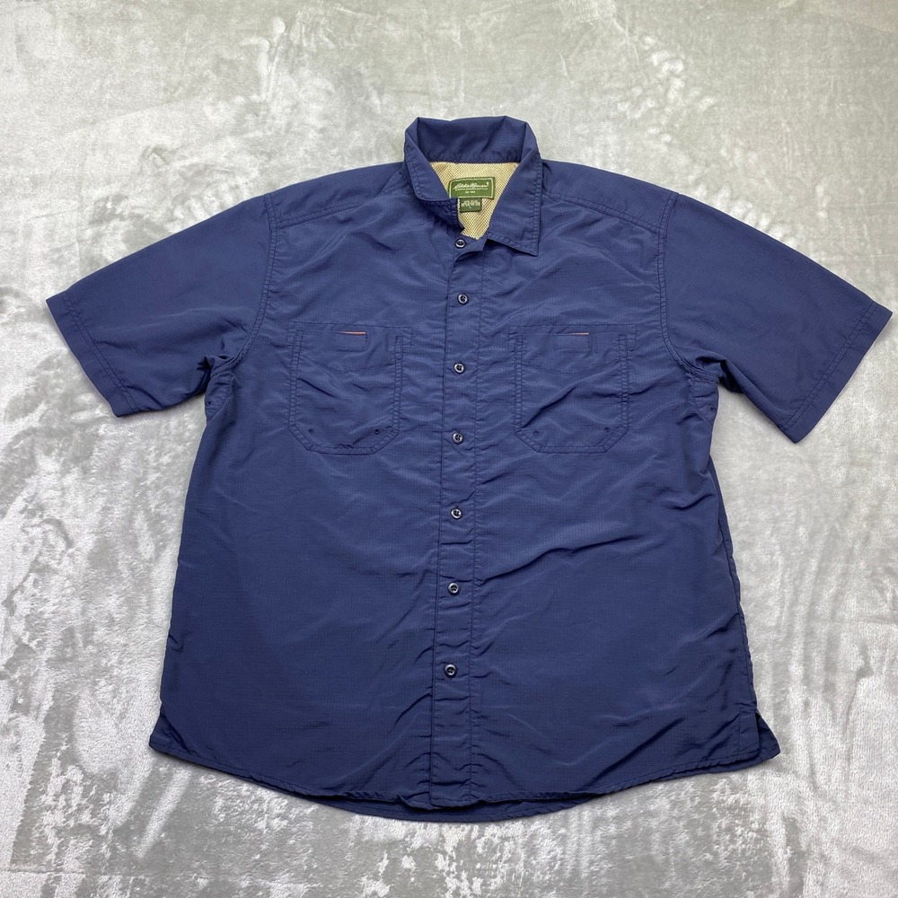 VTG Eddie Bauer Mens Short Sleeve Button Up Shirt Navy Blue Sz L Outdoor Fishing